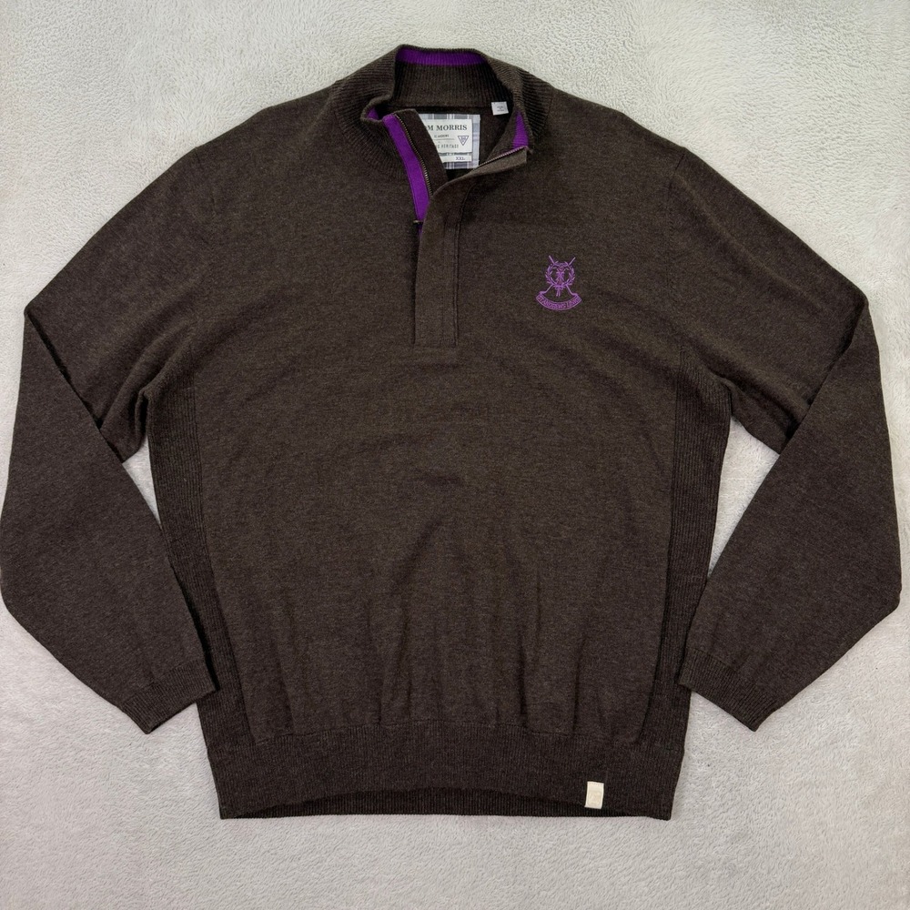 Tom Morris St Andrews Mens XXL Brown Wool Cotton Quarter Zip Golf Sweater Logo